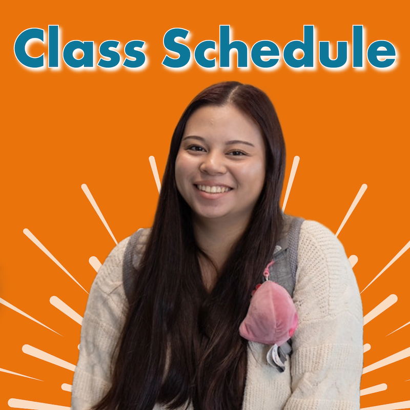 Class Schedule. Young woman with long dark hair and olive skin smiles. She wears a loose sweater.