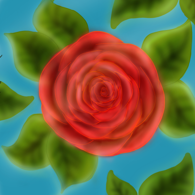a red rose with green leaves on a blue background.