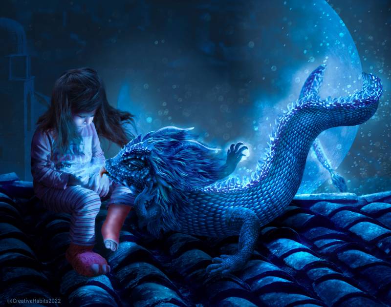 "Snack" features a graphic design image of a young girl around four with long dark hair and pajamas feeding a blue dragon light from her palm. The dragon is intrivate and looks kind, with flowing hair-lock locks on it's lizard-likehead. It's long body wraps up and through a large semi-translucent orb behind it. The girl and the dragon are seated on the roof of a house at night.