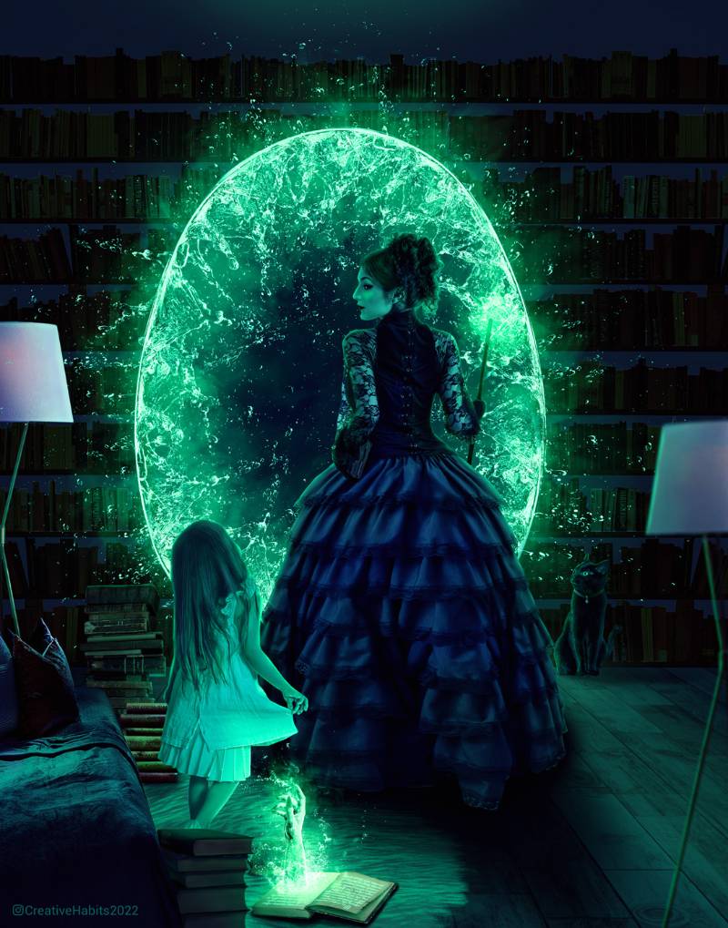 "Spell" by N Nguyen. a woman and a little girl standing in front of a book shelf. The woman wears a dark victorian style gown with dark hair pulled up in an intricate style. She holds a wand and opens a portal that sparks bright green water-like energy.
