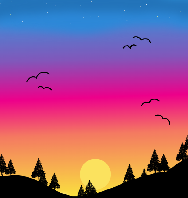 "Sunset" features a painting of a sunset with birds flying in the sky.
