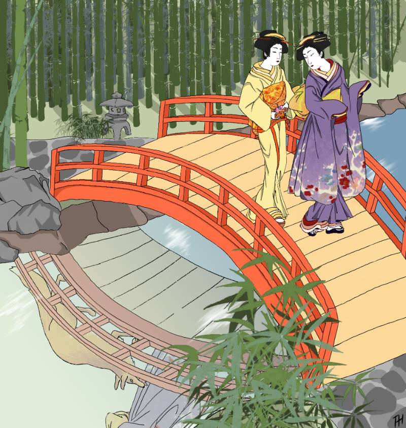 "Tale of Tamamizu" a painting of two women standing on a bridge.