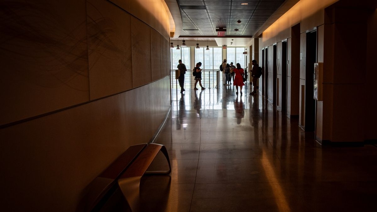 Mission College Students in Campus Hallway