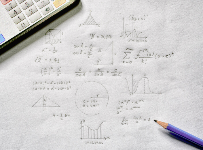 Various Math problems are written out on white scratch paper. A calculator is next to it and a pencil lies on top of the paper.