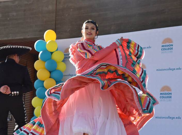 Female Spanish dancer in flowing/full traditional dress.