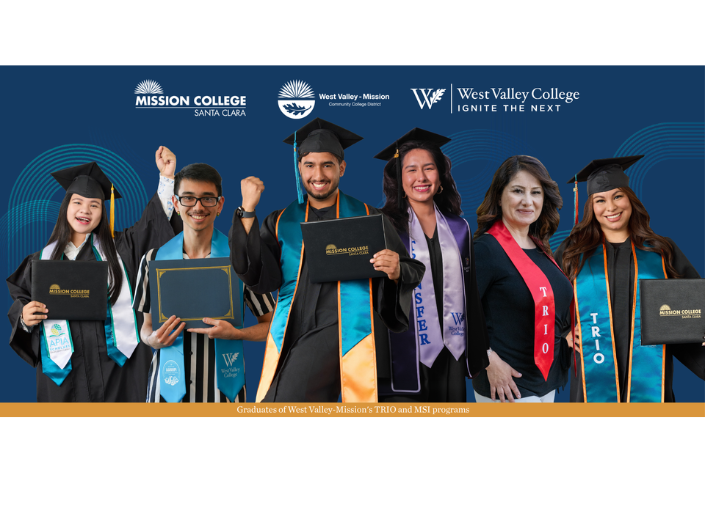 Six smiling Mission College and West Valley College graduates dressed in black caps and gowns, wearing academic stoles representing TRIO, Transfer, and AAPI programs, hold diploma covers against a blue branded background. A bottom caption reads: 