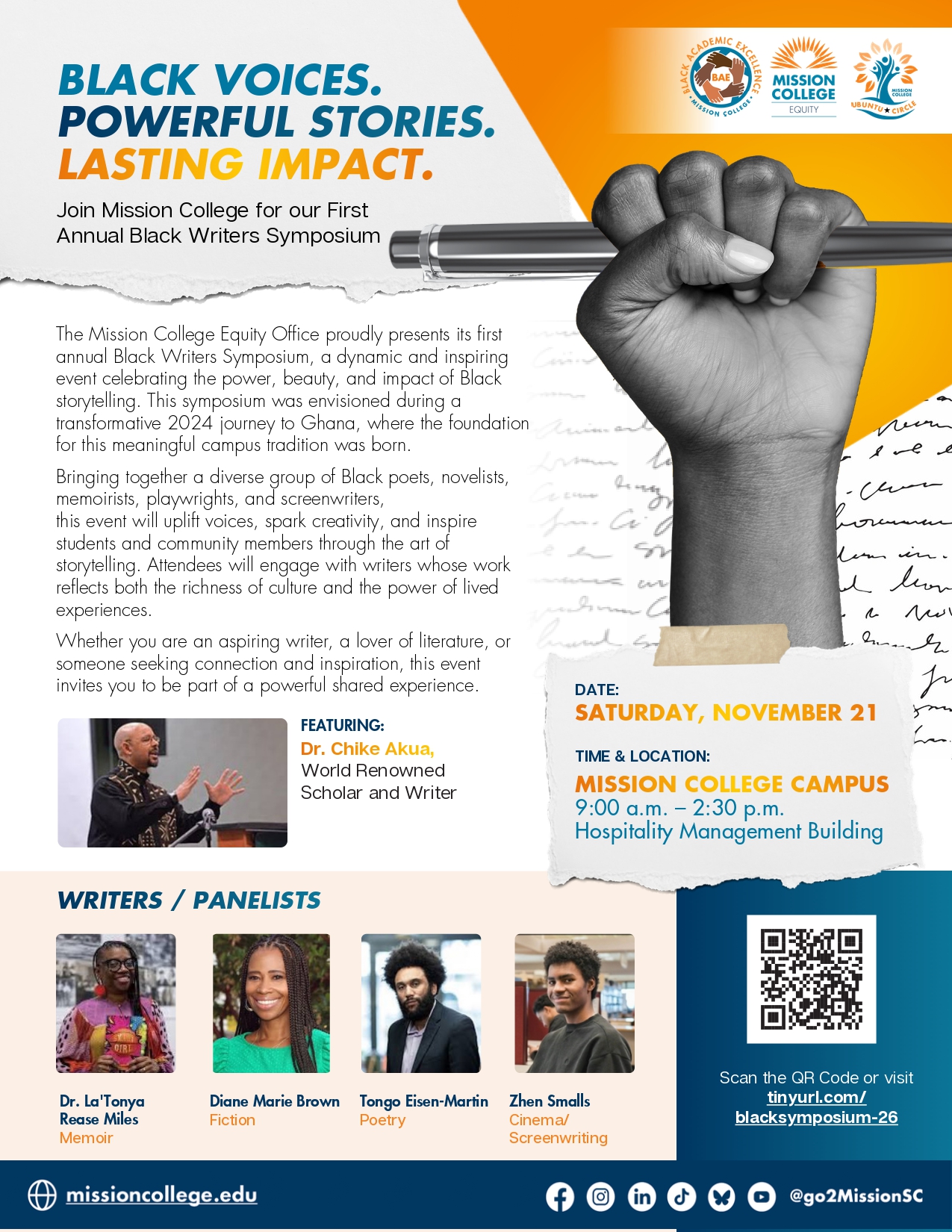 Promotional flyer for the Mission College Black Writers Symposium featuring a raised hand holding a pen, event details for Saturday, November 21, 2026, and portraits of keynote speaker Dr. Chike Akua and four panel writers.