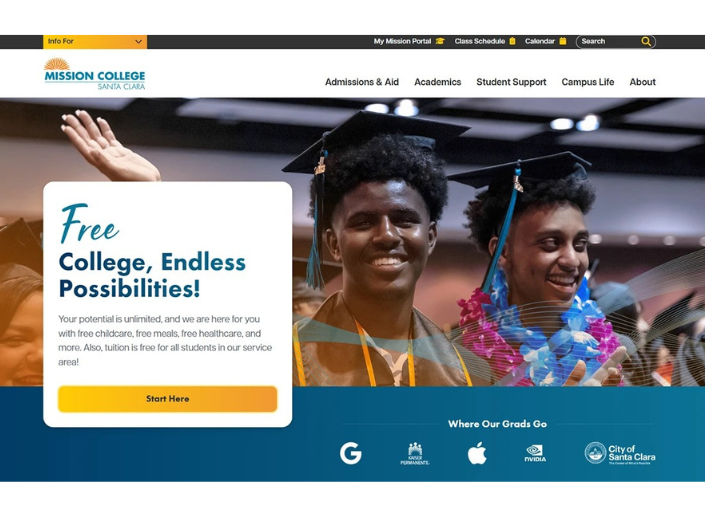 Mission College has been awarded First Place in the Website category for School & University by the Web Excellence Awards, an international competition recognizing outstanding digital projects for excellence in design, usability, innovation, and impact.